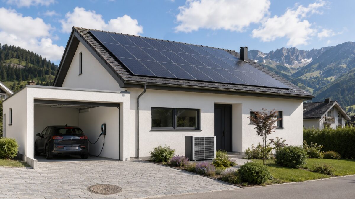 Einfamilienhaus mit Solaranlage auf dem Dach und Wärmepumpe neben dem Eingang, Berge im Hintergrund