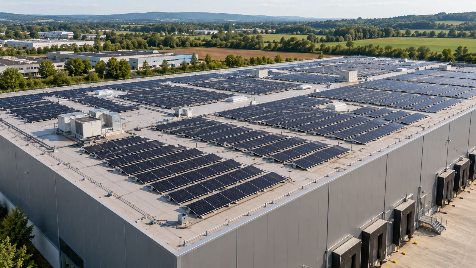 Photovoltaikanlage mit Ost-West-Aufständerung auf dem Flachdach einer Gewerbehalle