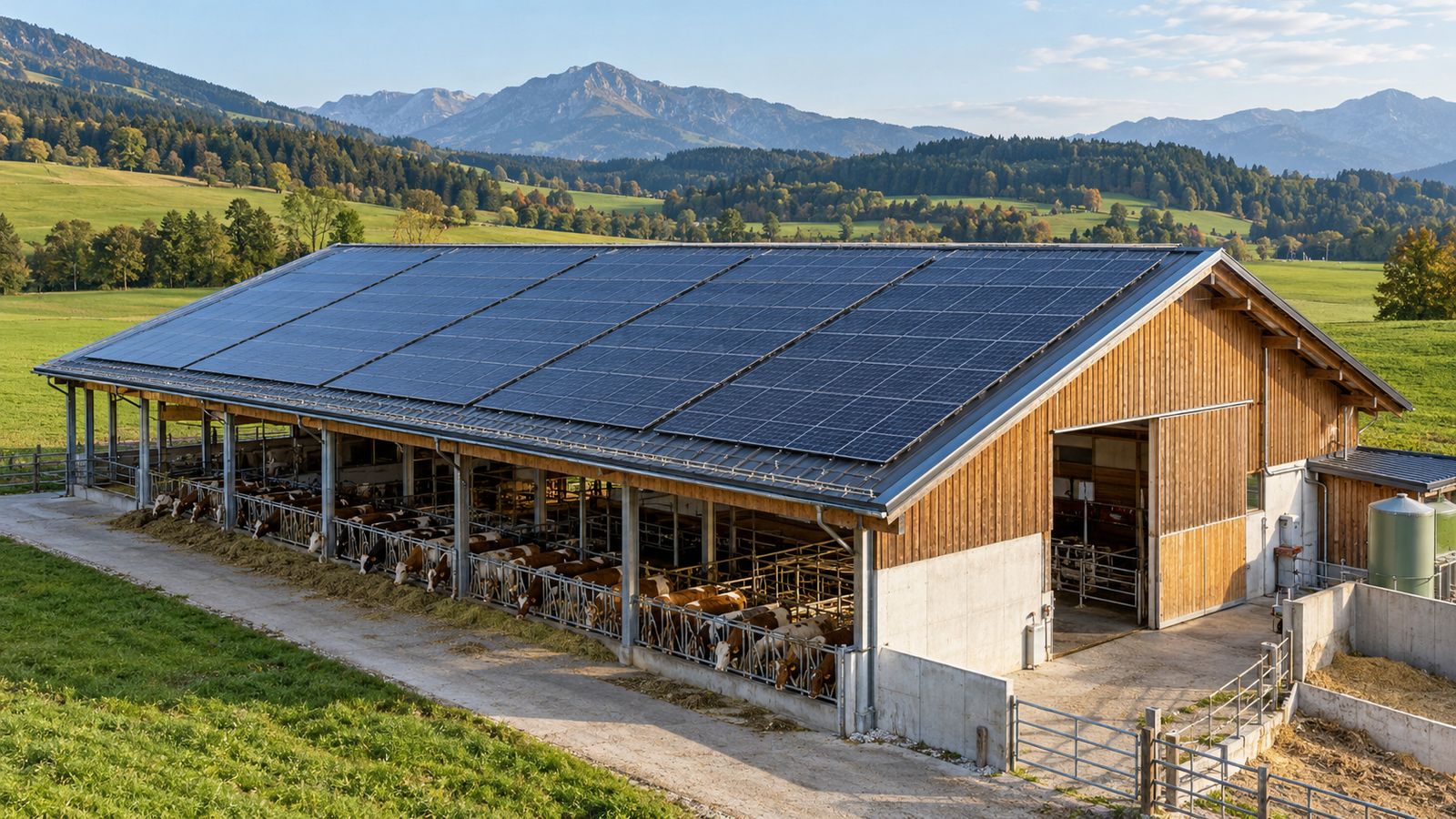 Photovoltaikmodule auf dem Stalldach eines Milchwirtschaftsbetriebs im Alpenvorland